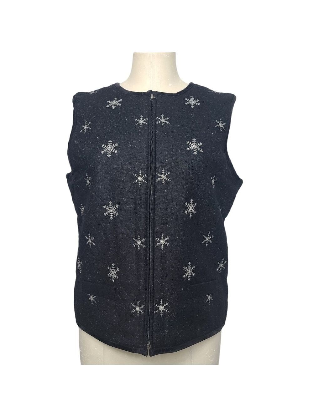 Talbots Black Silver Snowflakes Full Zip Vest 8